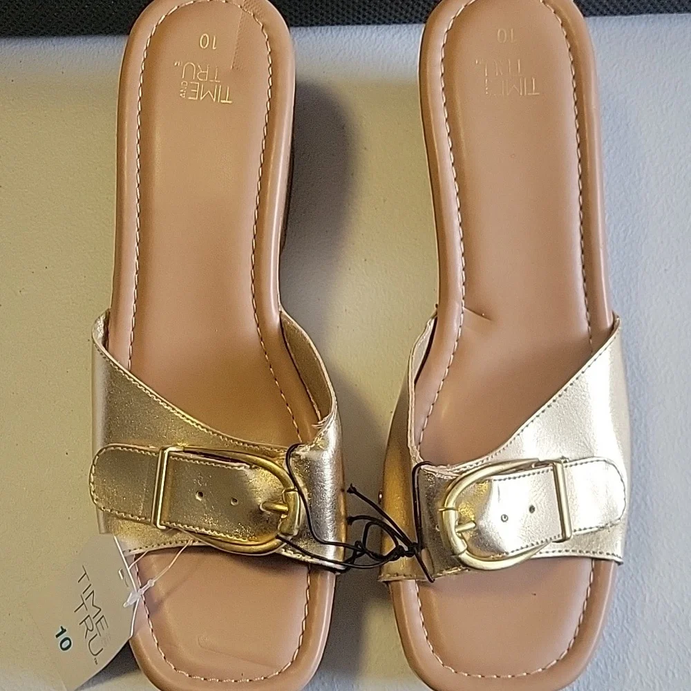 Gold Slide Sandals with Buckle